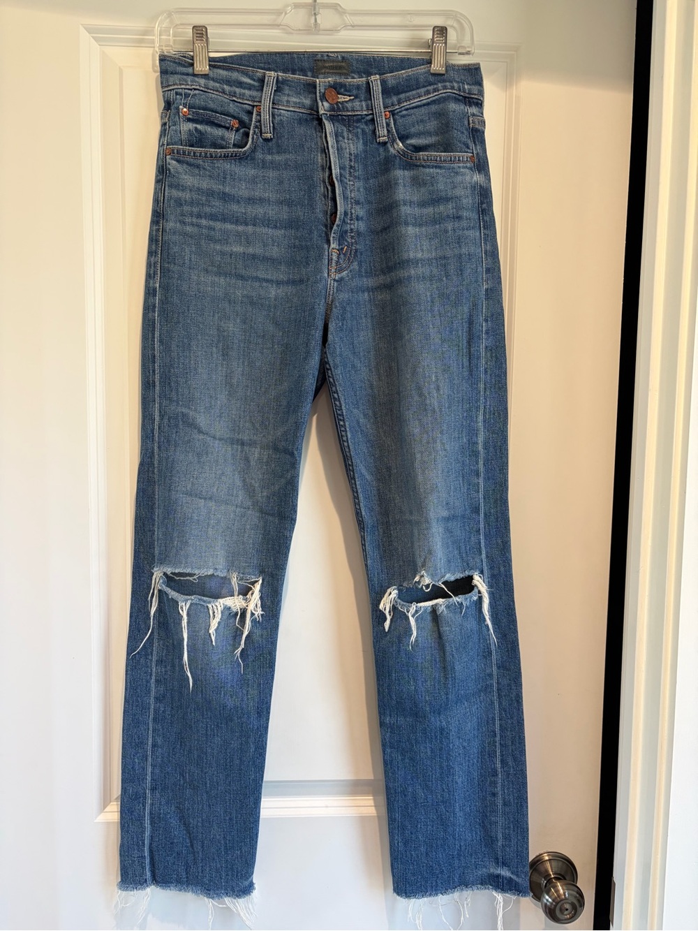 MOTHER Distressed Straight-Leg Jeans in Mid Blue